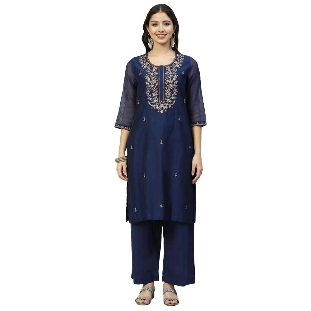 BIBA Polycotton Women Embroidery Narrow Salwar Kurta Dupatta(Skdassorted8339_Navy Blue_42)