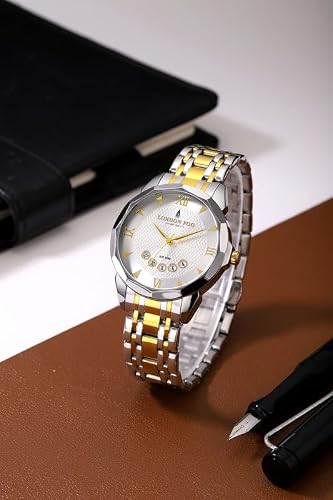 London Fog Paddington Collection Analog Quartz Watch for Men with Geometric-Textured Round Dial, Date Display, Roman Numeral & Triangular Hour Markers and Two-Tone Stainless Steel Strap - LFM10028-55