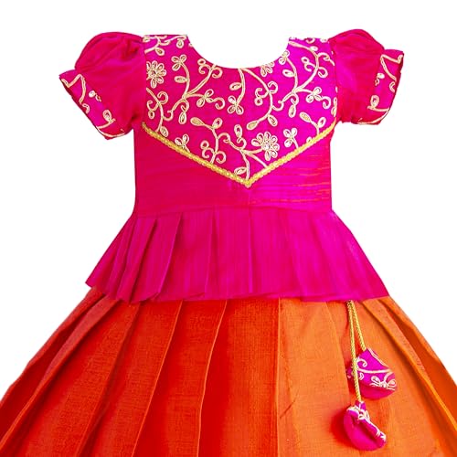Stanwells Kids Orange & Pink Combo Flared Dress Puff Sleeves Readymade Hand Sequins Embroidery Ethnic Traditional Full Length South Indian Baby Girls Lehenga Choli (6–12 Months)