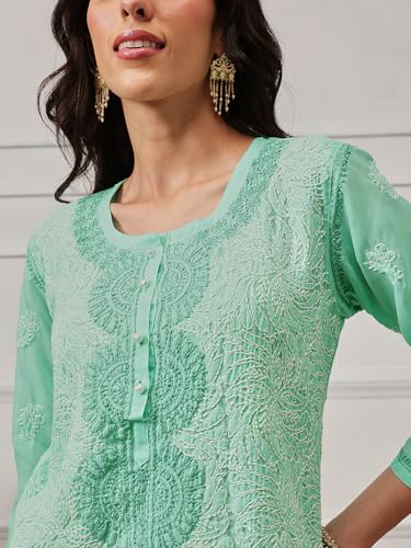 Ada Handcrafted Lucknow Chikankari Women's Straight Cotton Short Kurti Top Tunic A273668 (Sea Green, XS)