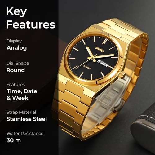 SKMEI Claasic Style Quartz Watch for Men Analog Display Black Dial Zinc Alloy Men's Stainless Steel Gold Color Stylish Band, Water-Resistant & Scratch-Resistant-9288
