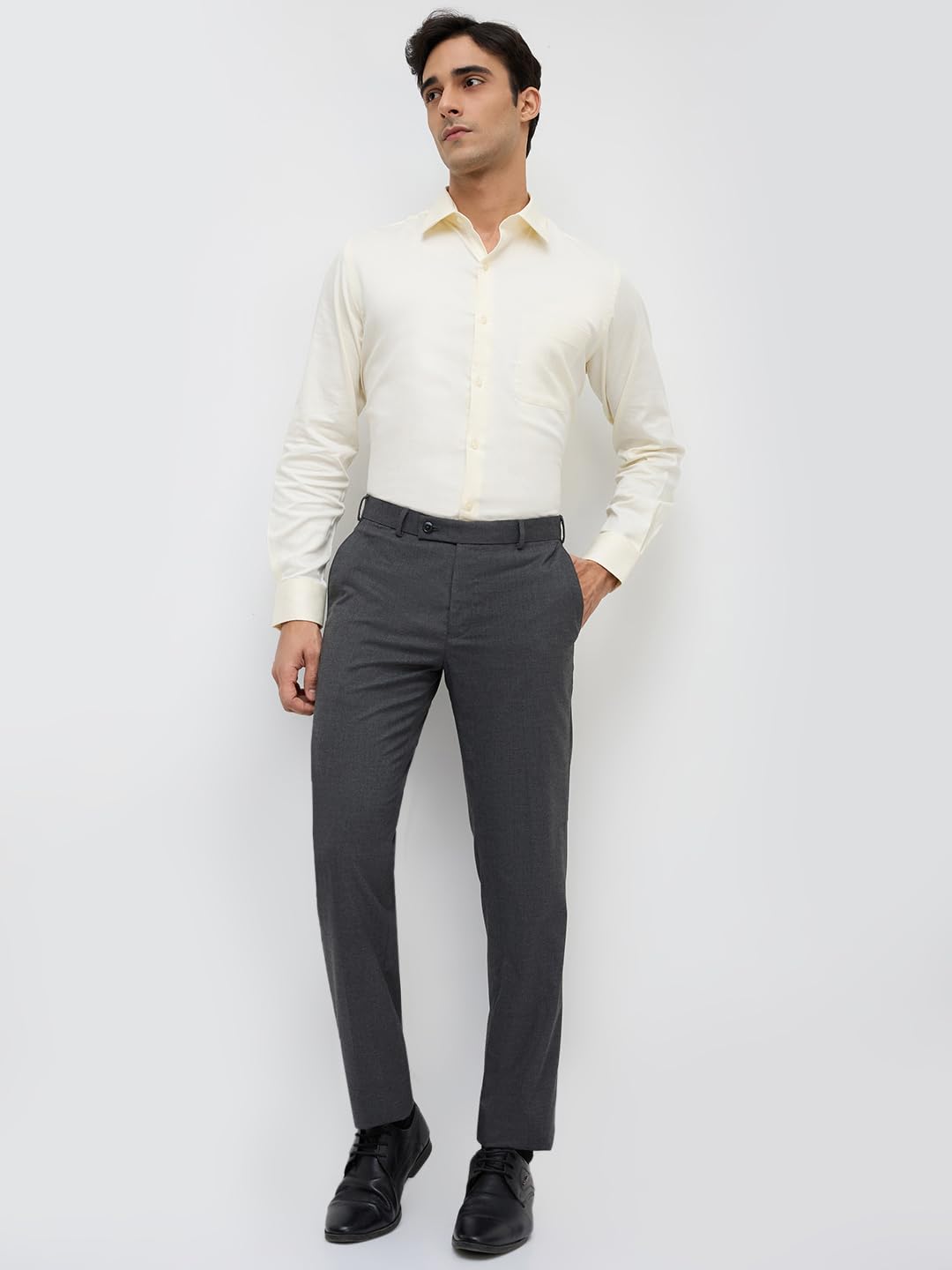 Park Avenue Men Slim Fit Solid Pattern Polyester Blend Flat Front Formal Trouser Dark Grey