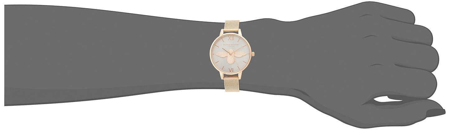 Olivia burton 3D Bee Qtz Basic Blush Sunray & Bee Round Dial Women's Watch|Ionic Plated Rose Gold Steel Material|Gold Color Band - OBGSET42