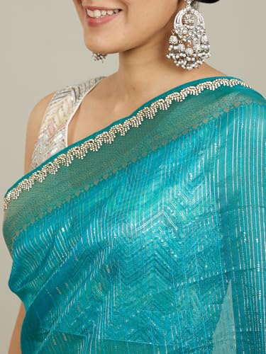 MOHEY Women's Art Silk Mirror Work Zari Saree(Teal Blue)