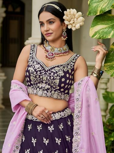 Zeel Clothing Women's Zari Sequins Embroidered Work Rangoli Silk Lehenga Choli With Dupatta (5139-Purple-Women-Lehenga-Choli; Free size)