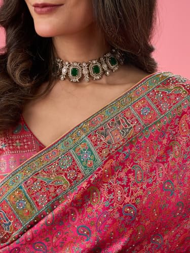 MOHEY Women's Artistic Pink Saree with Blouse Piece (Pink)
