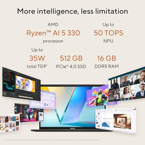 ASUS Vivobook S14,Smartchoice,AMD Ryzen AI 5 330,16GB RAM,512GB SSD,OLED,14",Win11,Office24,M365 Basic (1Yr),Matte Gray,1.4Kg,M3407KA-SF044WS,50 Tops,Metallic Design Laptop,Next-Gen AI Laptop,Copilot+