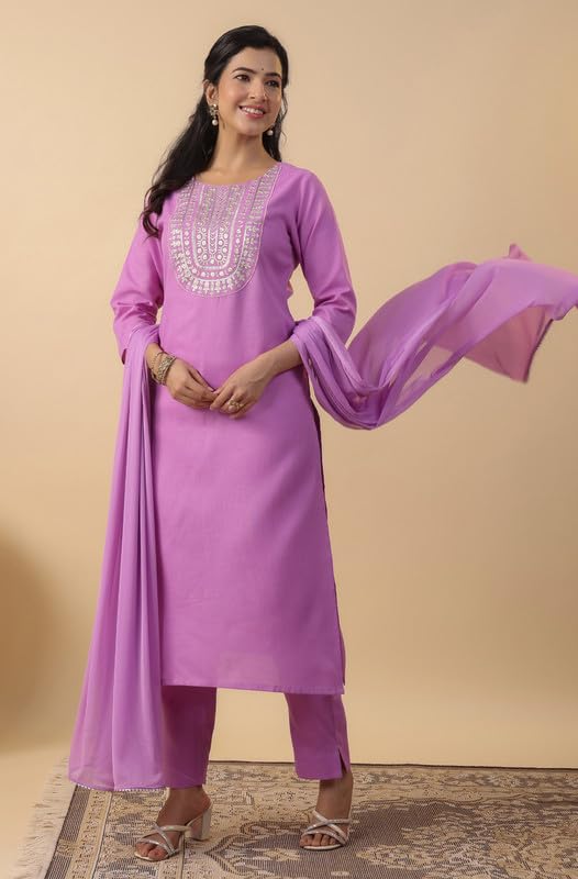 Anekha Women's Lavender Cotton Blend Yoke Embroidery Straight Kurta Set(ANC24ST00311-S)