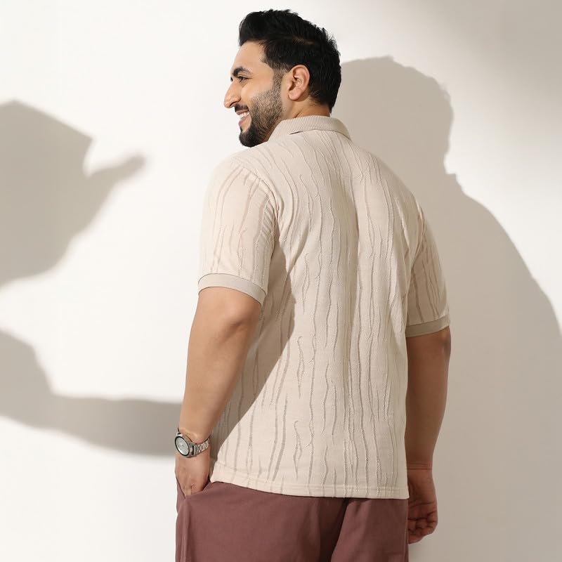 Instafab Plus Men Crevice-Jacquard Polo T-Shirt | Polo Neck, Short Ribbed-Cuff Sleeves | Half-Button, Straight Hem | Solid Jacquard Knitted Fabric for Casual & Daily White