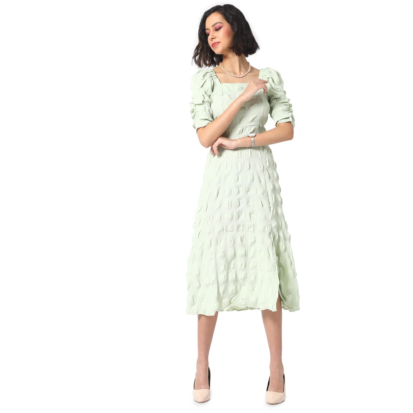 Campus Sutra Women's Creased Midi Dress for Casual Wear | Puff Sleeve | Midi Length | Pull On Closure | Dress Crafted with Comfort Fit for Everyday Wear Mint