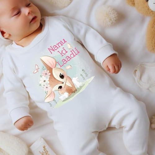 KNITROOT Nanu Theme, Nanu Ki laadli Text Printed, Full Sleeves, Shoulder-Snap-Buttons, Cotton Jumpsuit, Rompers for New Born Baby, 12-18 Months, White, Infant Clothes