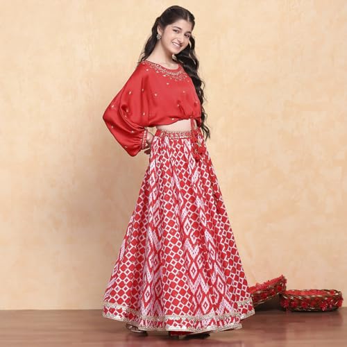 Biba Girl's Polyester Lehenga Set (KWSNKIS6316SS25RED_Red_14-15 Year)