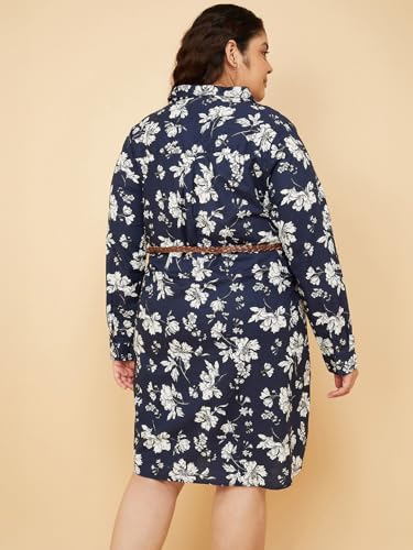 Max Women Floral Print Shirt Dress with Belt (Blue_6XL)