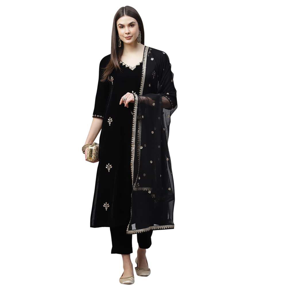 Divena Black Velvet hand work Kurta pant With Net Dupatta set