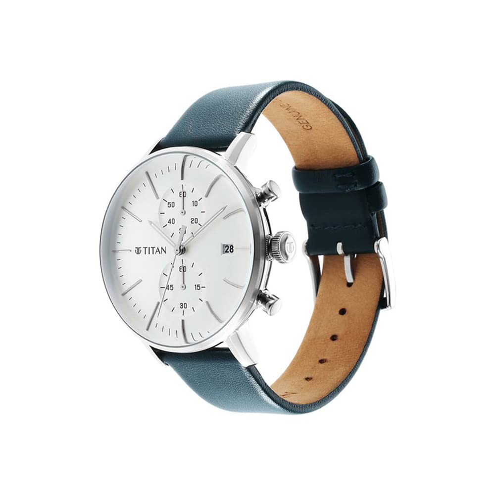 Titan Infinity Display Quartz Chronograph with Date Silver Dial Dark Teal Green Leather Strap Watch for Men - NT90146SL01