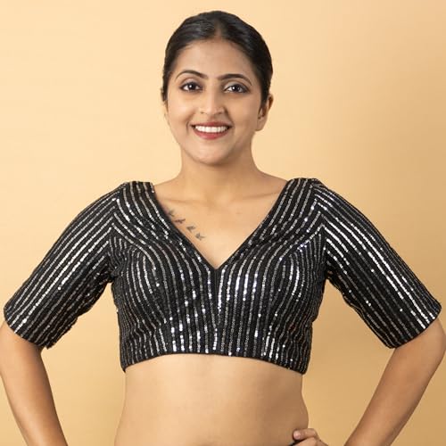 Women's Sequin Embroidered V Neck Elbow Half Sleeve Readymade Saree Blouse Indian Ethnic Designer Stitched Plus Size Top Padded Lavender Pink Blue Silver Black Gold Red Green | E1 (Black, 46)