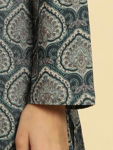 W for Woman Green Printed Winter Kurta with Embroidery (Size: M)-24NOW10359-122962