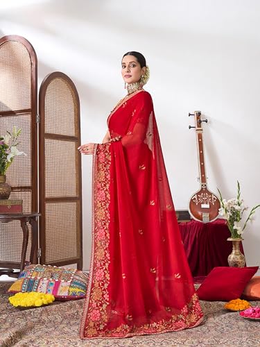 Laxmipati Gajak Red Chiffon Floral Embroidered Saree