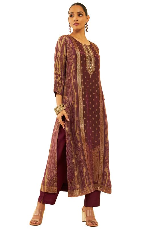 Soch Womens Wine Tissue Silk Blend Woven Design Suit Set With Zardosi Work