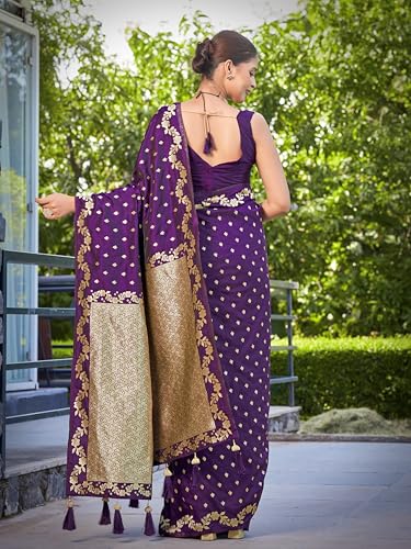 MANOHARI Women's Most Trendy Banarasi Satin Silk Woven Dark Purple Saree With Heavy Jacquard Work Saree With Blouse Piece_MN2061