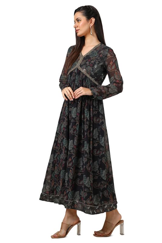 Soch Womens Black Chinon Botanical Print Dress with Stones and Sequins