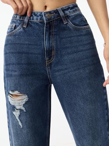The Souled Store Distressed Denim: Mid-Blue Women and Girls Buttoned Waistband Distressed Faded Cotton Denim Straight Fit Breathable Lightweight Everyday All-Season Denim Jeans
