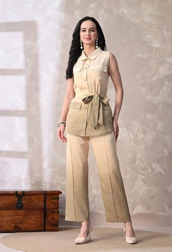 KIZA Women Beige Linen Co-ord Set Sleeveless Tunic Top with Belt & Straight Pants | Breathable Summer Wear Stylish Cord Set | Casual Office Wear Two Piece Outfit for Women