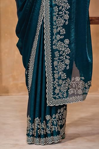 Soch Womens Teal Blue Fendy Chiffon Embellished Saree With Stone Work