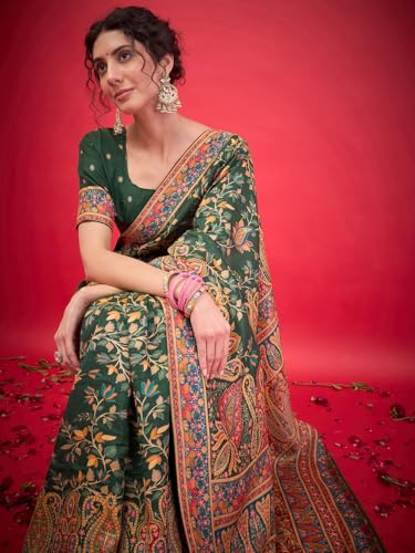 AKHILAM Women's Green Viscose Silk Ethnic Motif Printed Saree With Unstitched Blouse Piece (MSTANI59B_HS)