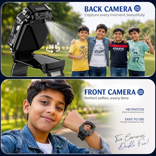 GameSir Kids Smart Watch with Dual Camara, 360° Rotating Design, HD Display, Video Calling, Chat, Rechargeable Battery & Adjustable Strap, Transparent Body for Boys & Girls - (Black)