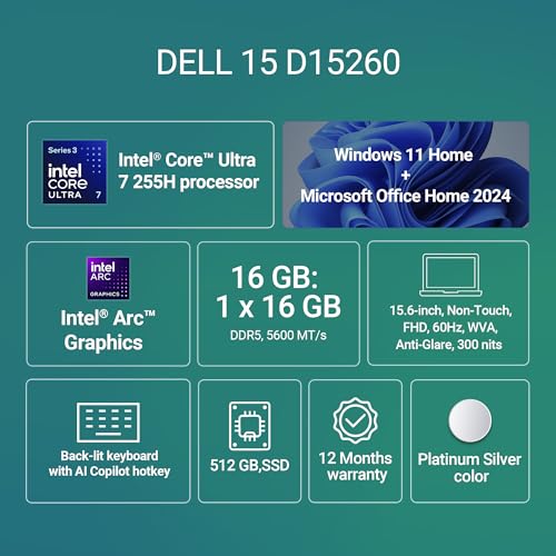 Dell 15 Ai Powered Laptop, Intel® Core™ Ultra 7 255H Processor, 16GB DDR5 RAM, 512GB SSD, 15.6" FHD Anti-Glare Display, Backlit Keyboard, Dedicated Copilot Key, Silver, Win11 Home + MSO H&S'24, 1.66kg
