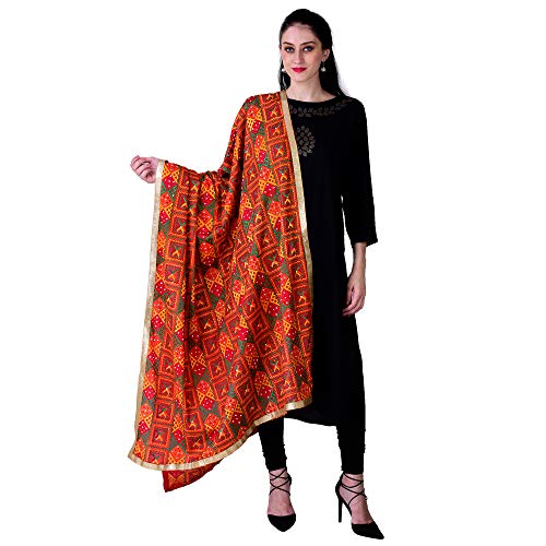 SWI WITH LABEL Women's Heavy Embroidered Phulkari Chiffon Dupatta with Mirror Work
