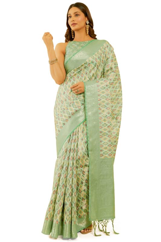 Soch Womens Sap Green Ethnic Motifs Jacquard Chanderi Saree