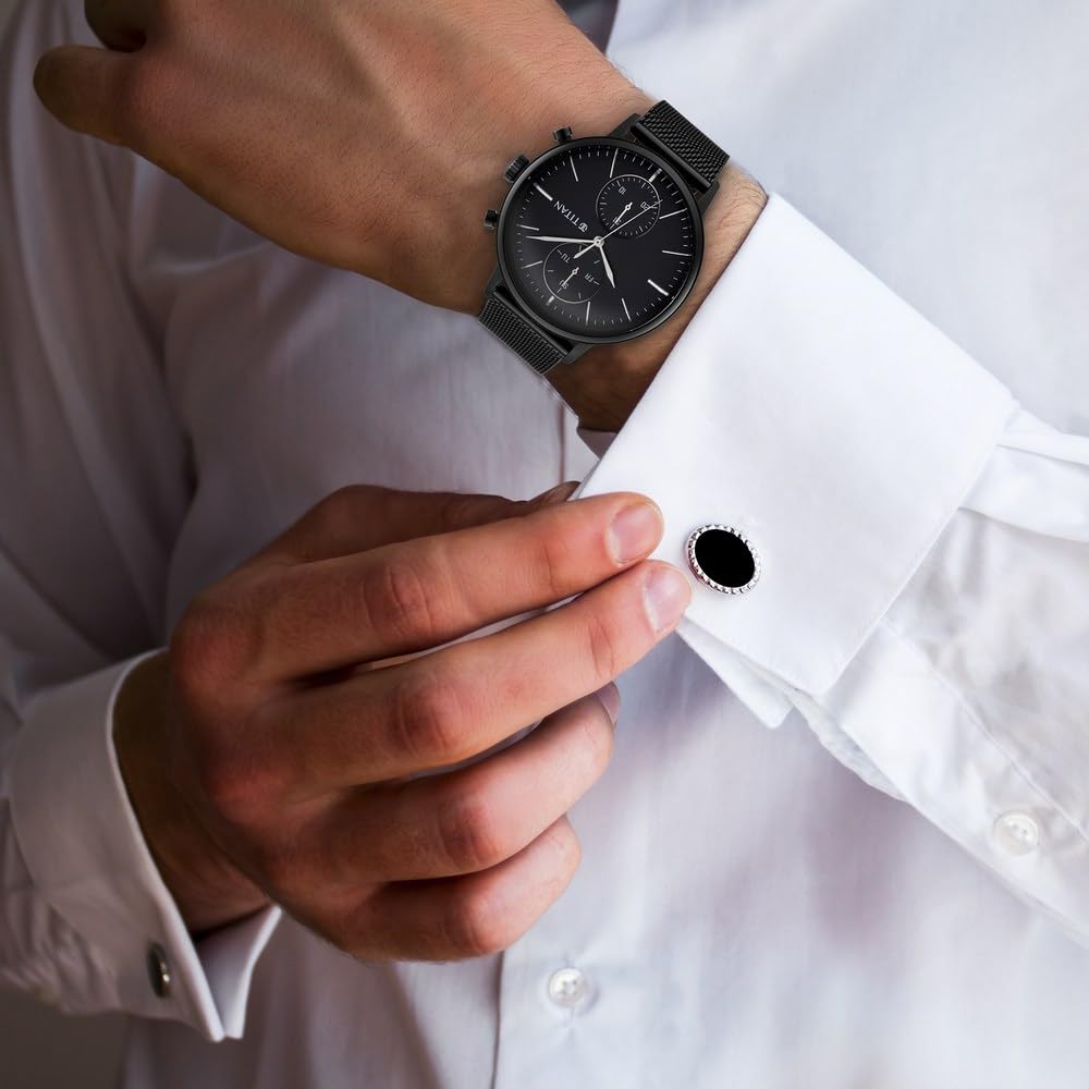 Titan Light Leathers Quartz Multifunction Black Dial Black Stainless Steel Strap Watch for Men - NR90135NM01