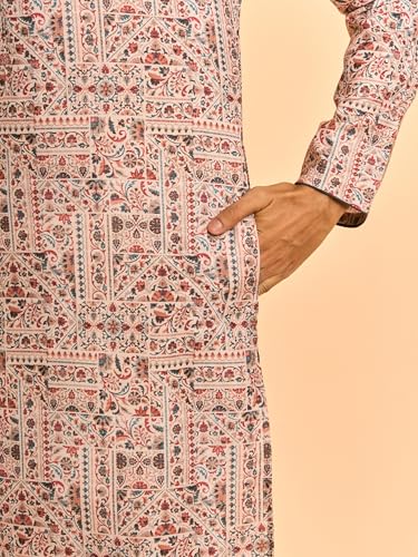 DIWAS BY MANYAVAR Men's Cotton Blend Digital Print Zip Neck Kurta Set (Beige,XXL)