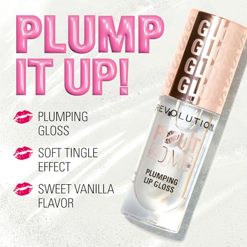 Revolution Beauty, Pout Bomb Plumping Lip Gloss, High-Shine for Glossy, Fuller & Plump Lips with Hyaluronic Acid & Peptides, Vegan & Cruelty-Free (Melba Warm Peach, 4.6ml)