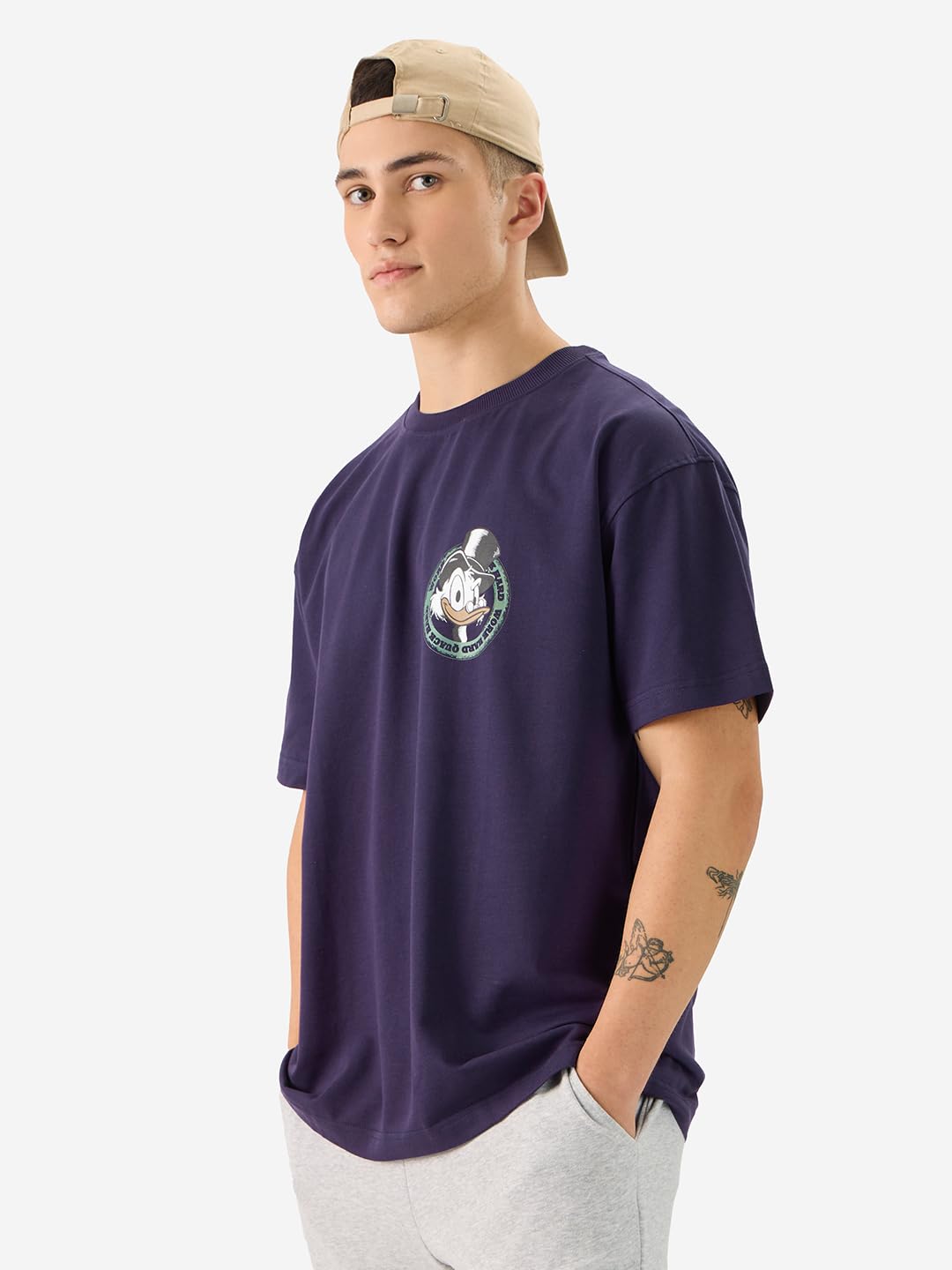 The Souled Store Official Disney: Quack Hard Men and Boys Short Sleeve Round Neck Purple Cotton Oversize T-Shirt