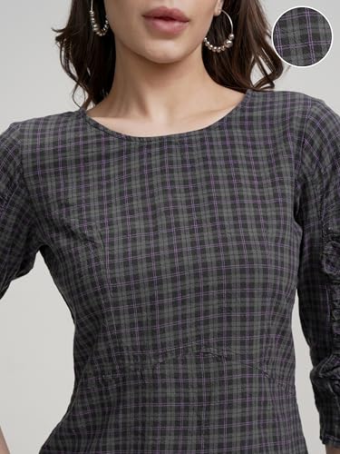 Tokyo Talkies Women's Checked Pure Cotton Styled Back Top | Boat Neck & 3/4 Sleeves | Comfortable & Stylish | Perfect for Casual Days | Tops for Woman | Women Tops | Stylish Top