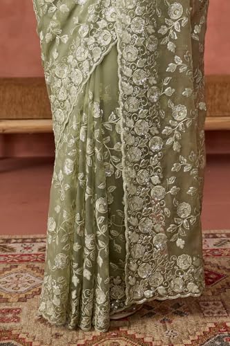 Soch Womens Sap Green Georgette Embroidered Saree