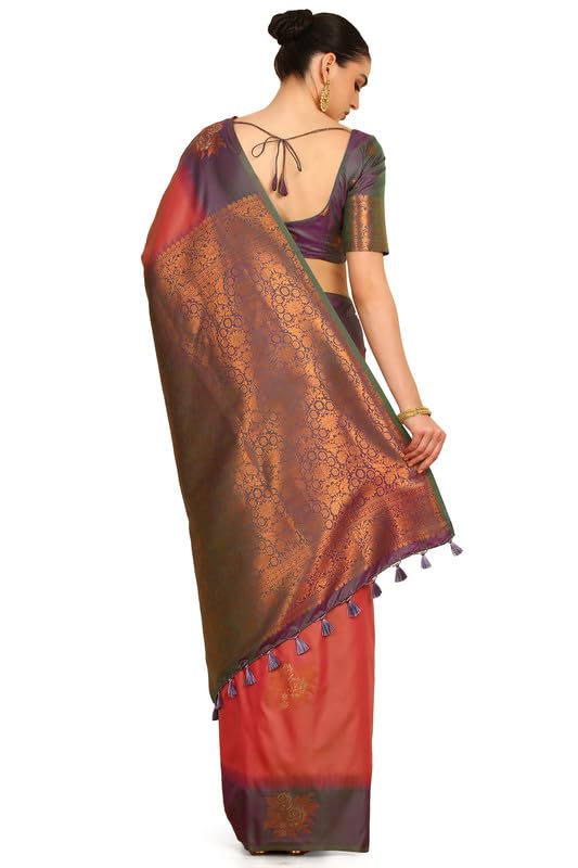 Soch Womens Pink Floral Zari Woven Design Silk Blend Saree With Tassels