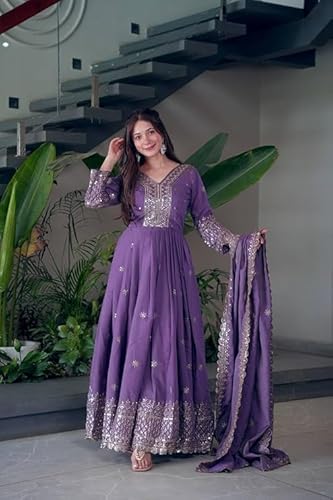 Women Most Beautiful Shimmer Silk Gown with Dupatta Long Dress, Latest Silk Long Anarkali Gown Set for Girls and Woman (in, Alpha, XL, Regular, Woman, Purple)