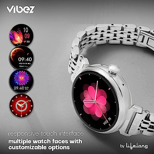 Vibez by Lifelong Ruby 1.04" AMOLED Smartwatch for Women with Metal Strap, Bluetooth Calling, 60 Hz, Voice Assistance, Female Cycle Tracker, IP68, Health Monitor(Silver, VBSW2205)