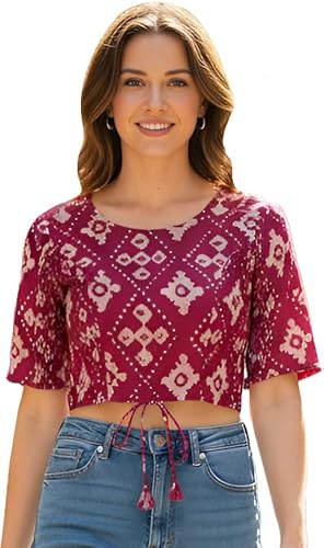 Yash Gallery Women’s Cotton Printed Blouse Round Neck Half Sleeve with Side Bob Elastic (Maroon)