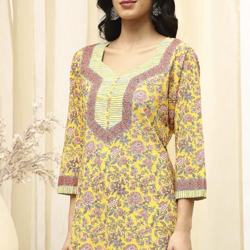BIBA Women Yellow Cotton Screen Print Unstitched Suit Set_FREE SIZE