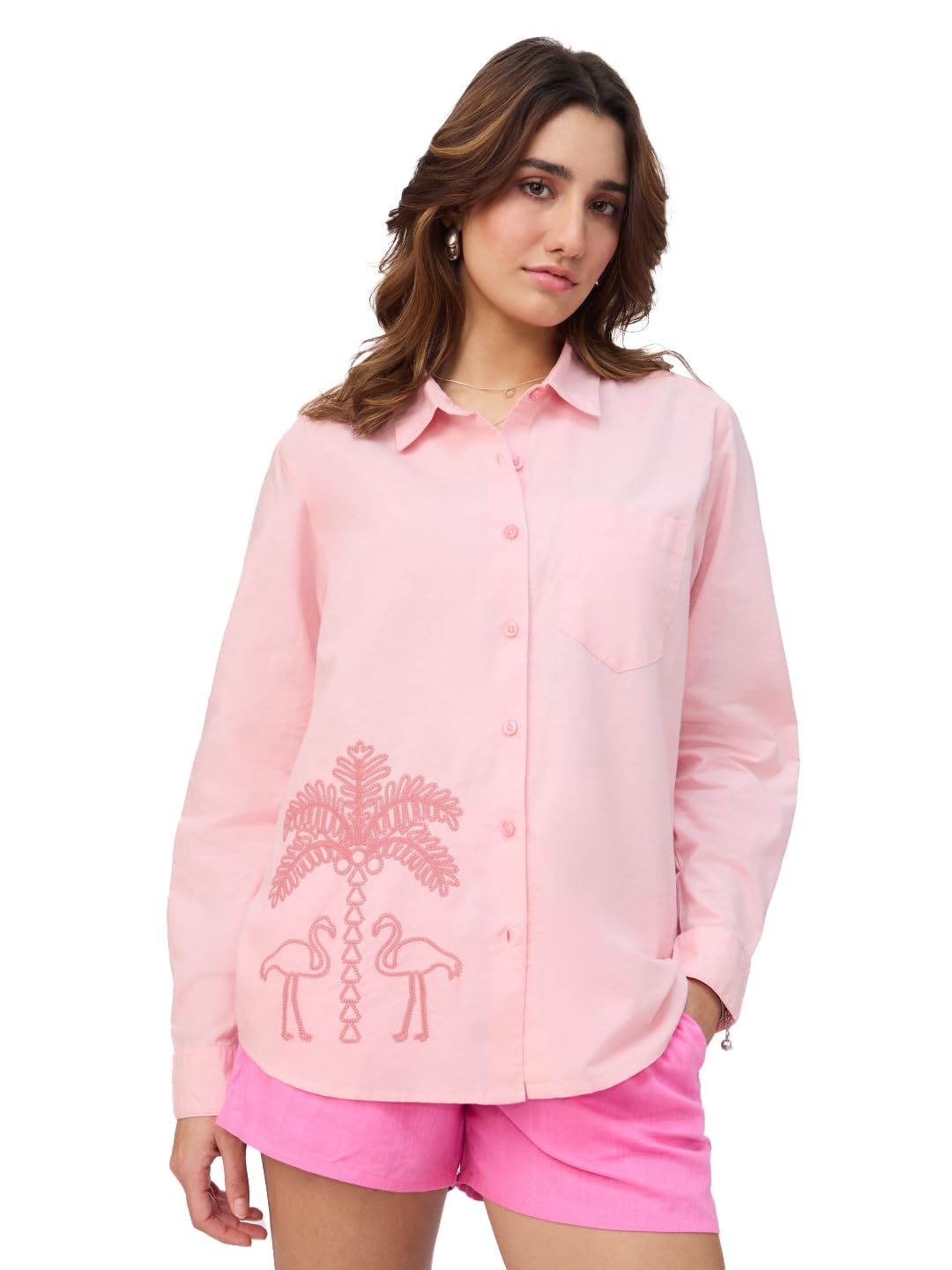 The Souled Store Cotton Linen Shirt: Flamingo Women and Girls Long Sleeve Collared Neck Pink Embroidered Oversized Fit Lightweight Summer-Ready Cotton Linen Boyfriend Shirts