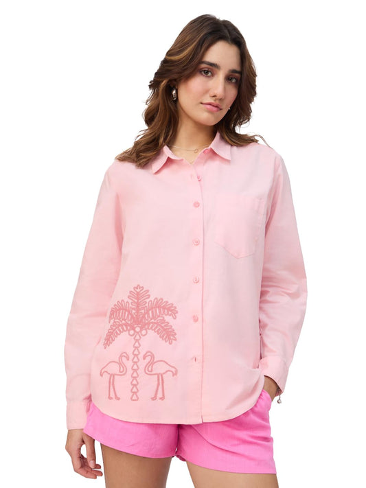 The Souled Store Cotton Linen Shirt: Flamingo Women and Girls Long Sleeve Collared Neck Pink Embroidered Oversized Fit Lightweight Summer-Ready Cotton Linen Boyfriend Shirts