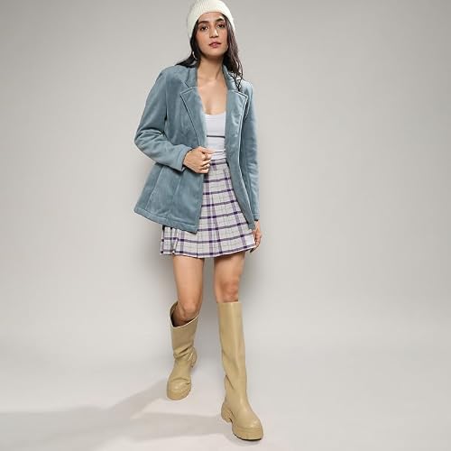 Campus Sutra Women's Prussian Blue Structured Single Breasted Blazer for Casual Wear | Lapel Collar | Long Sleeve | Button Closure | Velvet Blazer Crafted with Comfort Fit for Everyday Wear
