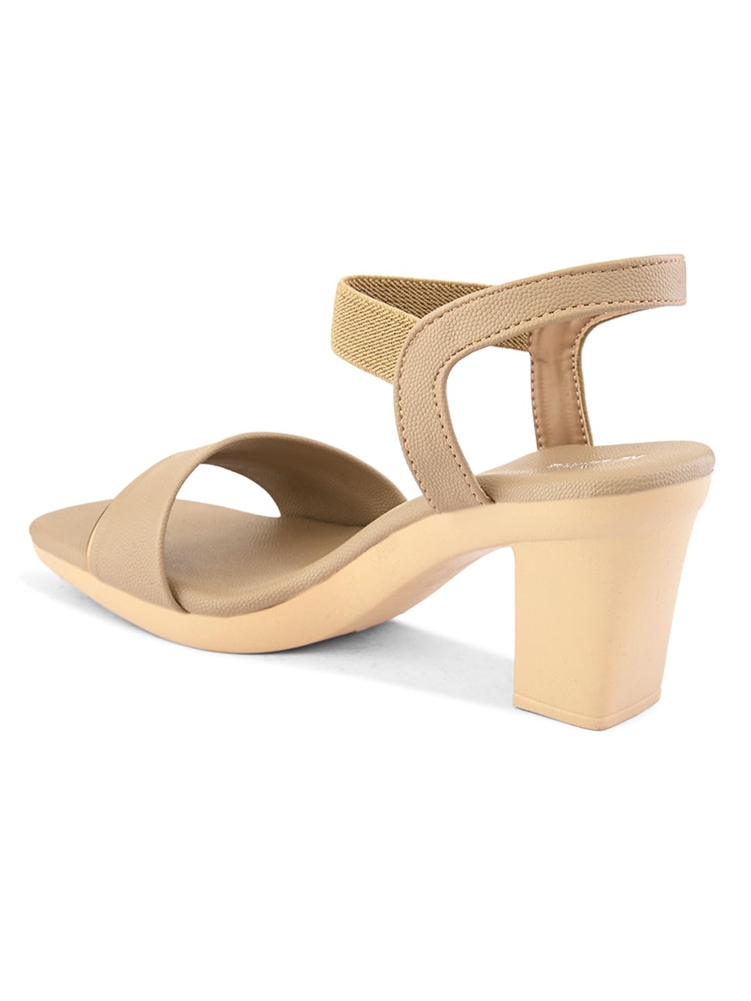 XE Looks Beige Wide Front Strap with Gold Accent | Stylish Textured Finish | Cushioned Footbed | Block Heel Sandal For Girl & Women