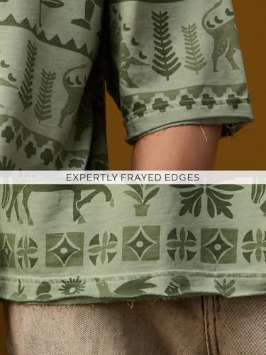 The Souled Store Nomad: Indus Green Men and Boys Short Sleeves Round Neck Sage Green Embroidered Tribal Graphic Casual Drop Shoulder Streetwear Trendy Super Oversized T-Shirt