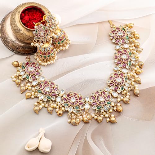 Rubans Womens 22K Gold-Plated Ruby Pink, Emerald Green & White Kundan Studded Pearl Beaded Necklace Set